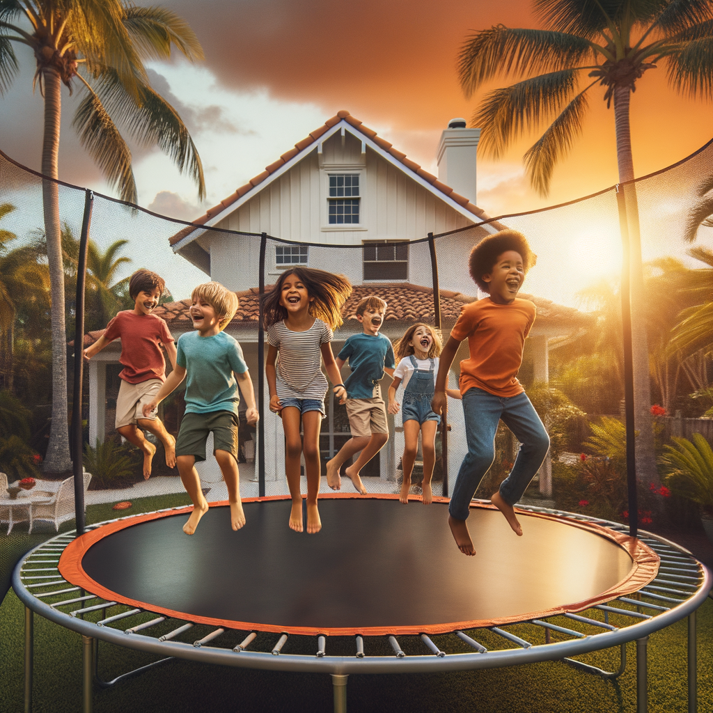 Kids jumping on a trampoline in the backyard of a florida home.